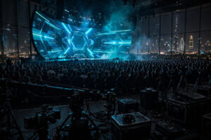 Audience facing a futuristic blue-lit summit stage in Dubai with the city skyline visible behind it