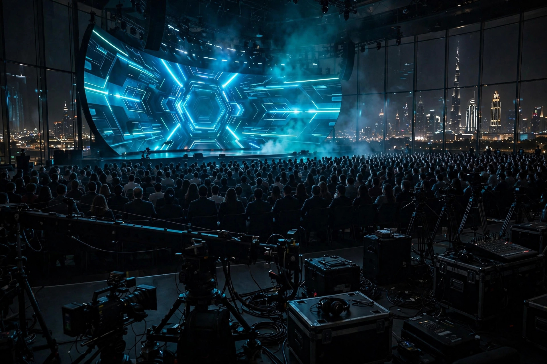 Audience facing a futuristic blue-lit summit stage in Dubai with the city skyline visible behind it