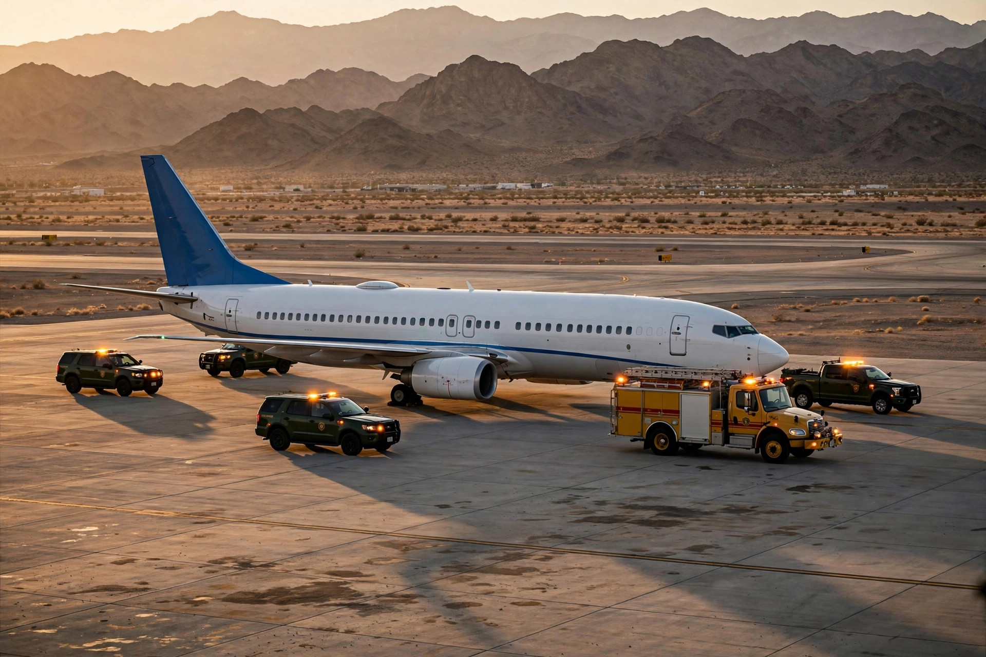 A commercial airliner parked on the tarmac at Tabuk Airport, Saudi Arabia, with emergency vehicles nearby
