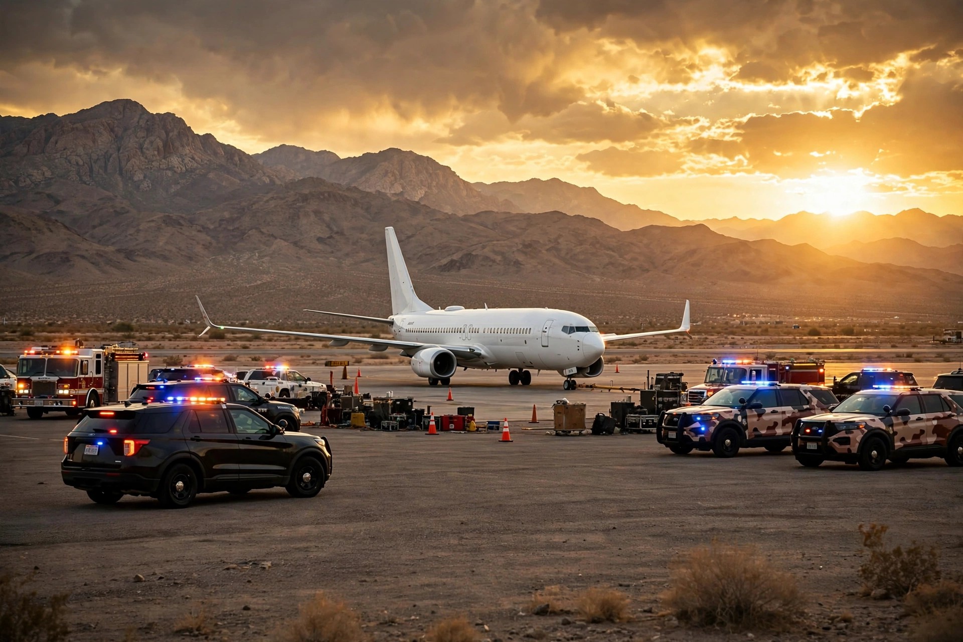 Flydubai Boeing 737 on the tarmac at Tabuk airport, Saudi Arabia, surrounded by security and emergency vehicles after an emergency landing on September 30, 2026