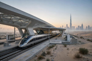 Etihad Rail passenger train at Al Yalayis Station in Dubai on launch day