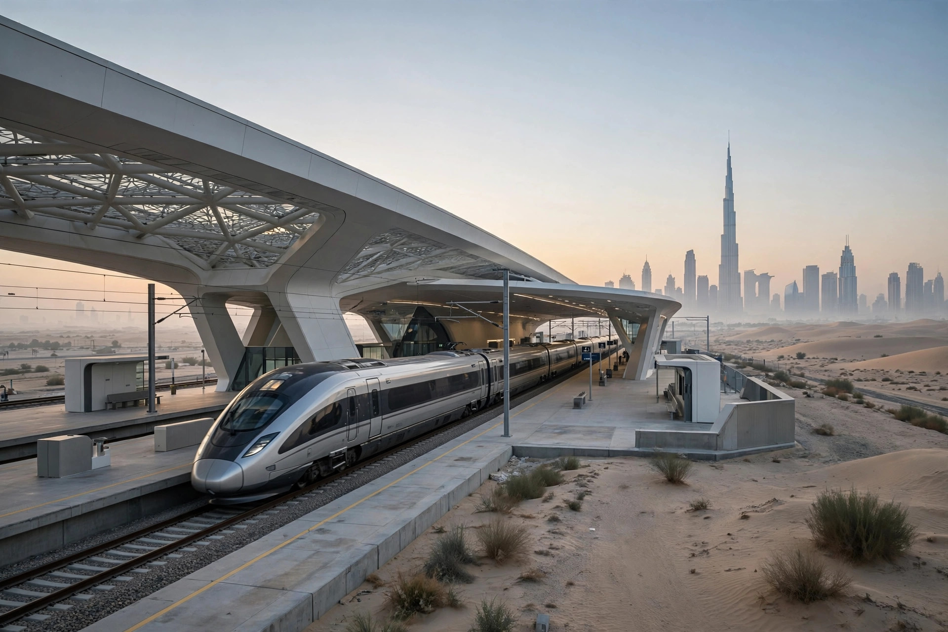 Etihad Rail passenger train at Al Yalayis Station in Dubai on launch day