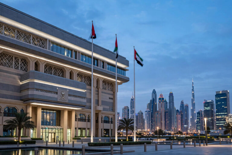 Dubai government building with UAE flags at dusk, the Dubai skyline in the background