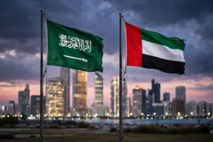 Saudi Arabian and UAE national flags flying over the Abu Dhabi skyline at dusk