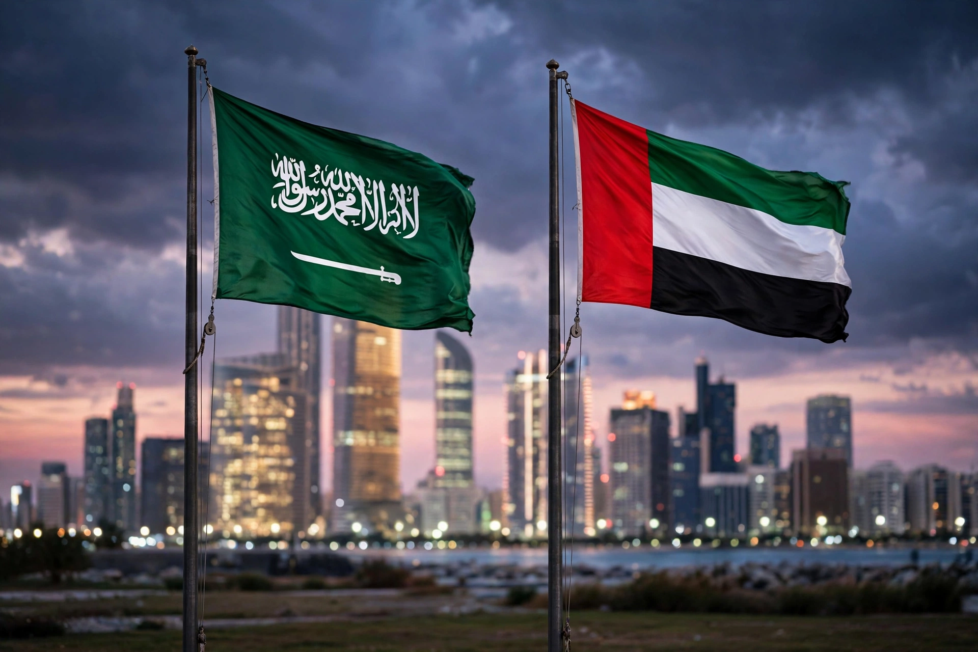 Saudi Arabian and UAE national flags flying over the Abu Dhabi skyline at dusk