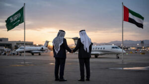 UAE Vice President Mansour bin Zayed and Saudi Defence Minister Prince Khalid bin Salman shake hands on the tarmac in Riyadh