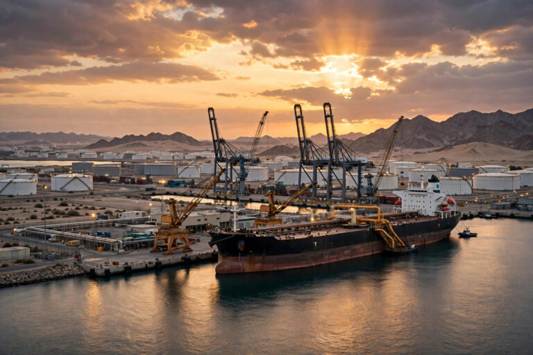 Oil tanker loading crude at the Yanbu port, Saudi Arabia