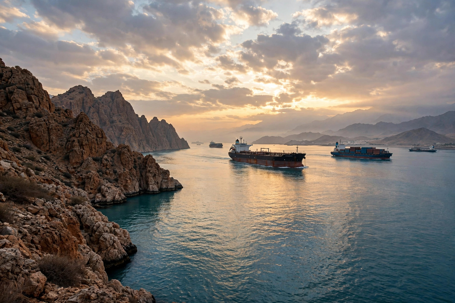 Oil tankers sail through the Strait of Hormuz at dawn