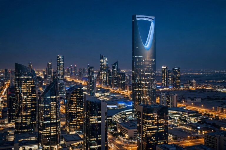 Riyadh city skyline at night with illuminated skyscrapers including the Kingdom Centre tower