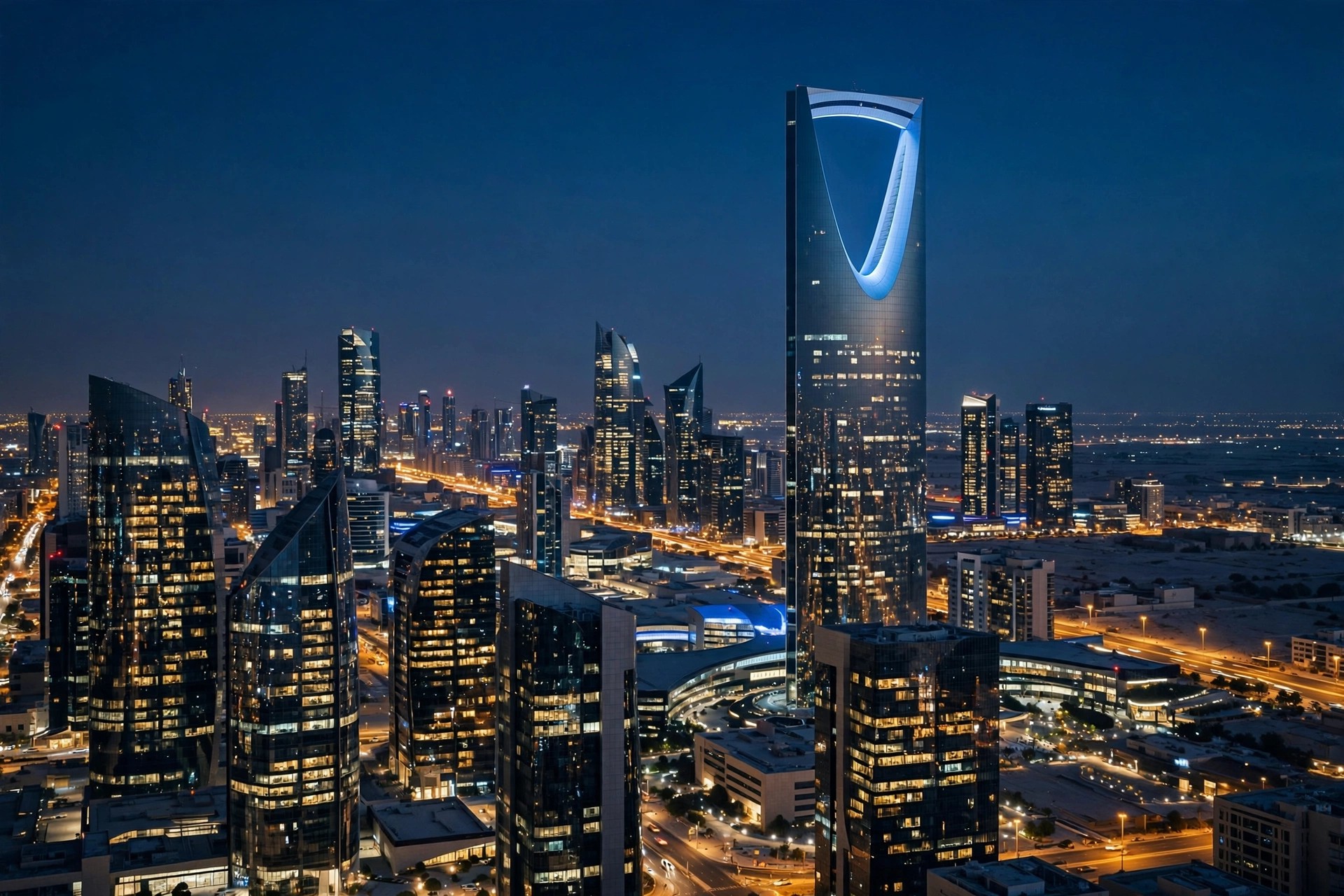 Riyadh city skyline at night with illuminated skyscrapers including the Kingdom Centre tower