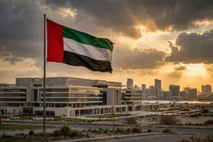UAE flag flying in front of Abu Dhabi government ministry buildings at golden hour