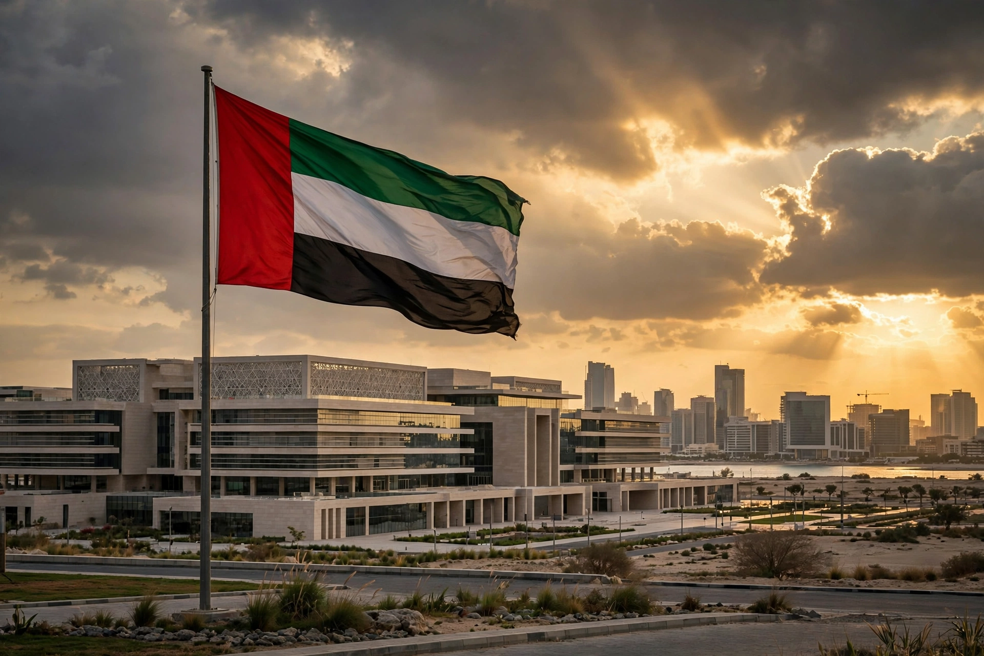 UAE flag flying in front of Abu Dhabi government ministry buildings at golden hour