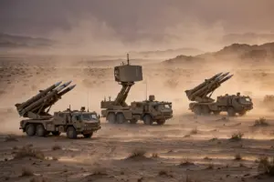 Air defence missile launcher batteries deployed on a desert plain at dusk