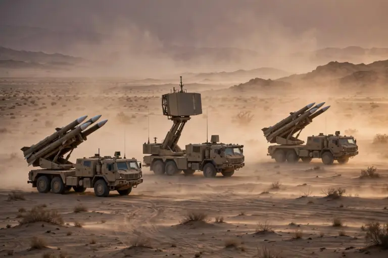 Air defence missile launcher batteries deployed on a desert plain at dusk