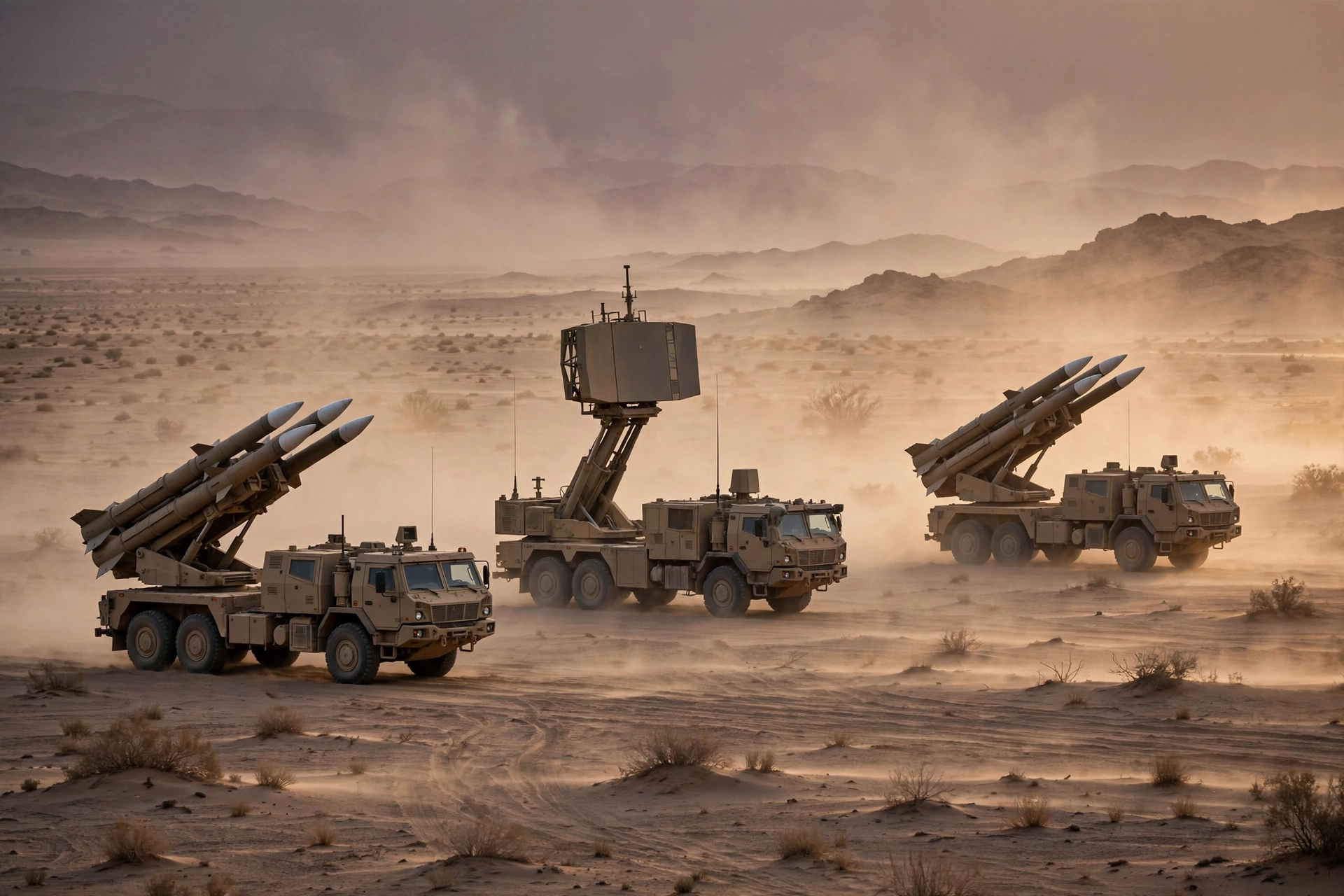 Air defence missile launcher batteries deployed on a desert plain at dusk