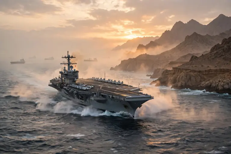 A US Navy aircraft carrier steams through the Strait of Hormuz at dawn as diplomatic talks on reopening the waterway continue.