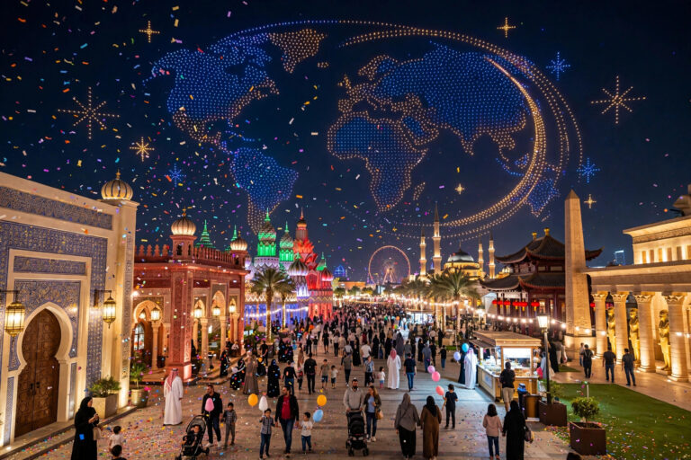 Global Village Dubai Season 31 opening night, with illuminated cultural pavilions, a drone light show and crowds under the night sky