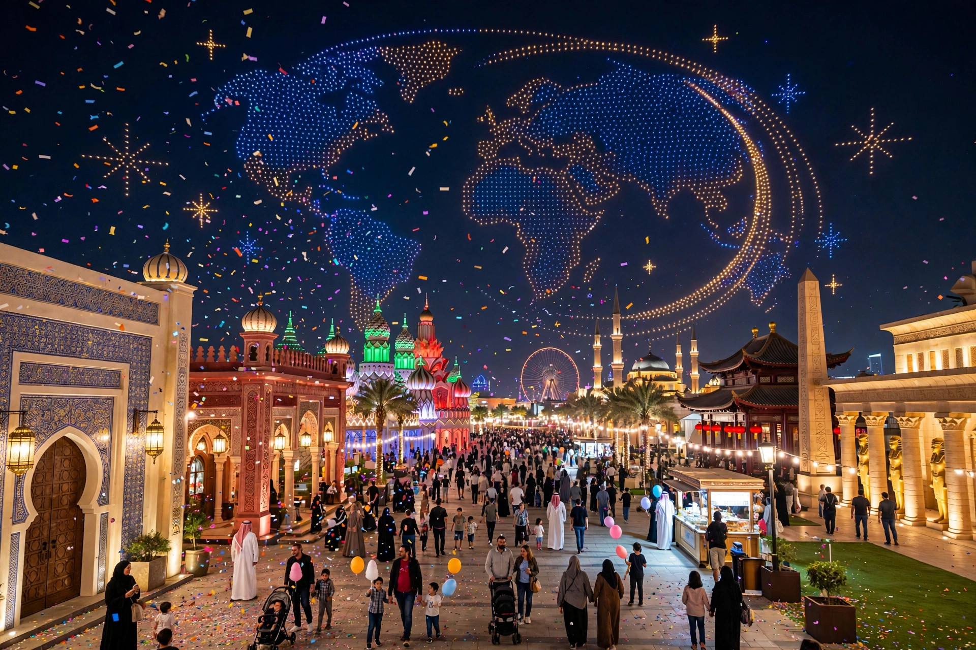 Global Village Dubai Season 31 opening night, with illuminated cultural pavilions, a drone light show and crowds under the night sky