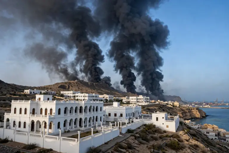 Smoke rising from Yemen's Al-Maashiq presidential palace compound in Aden after a Houthi missile strike