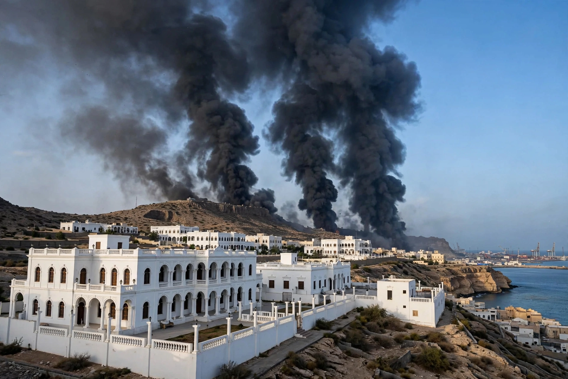 Smoke rising from Yemen's Al-Maashiq presidential palace compound in Aden after a Houthi missile strike