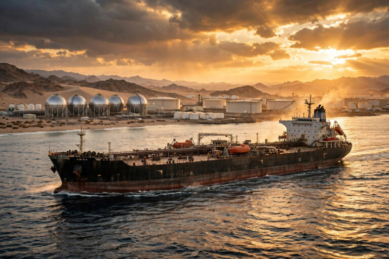Crude oil tanker sailing past oil storage tanks at a Gulf oil export terminal at sunset