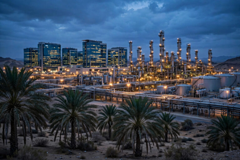 Saudi Aramco oil complex at dusk in Dhahran, Saudi Arabia