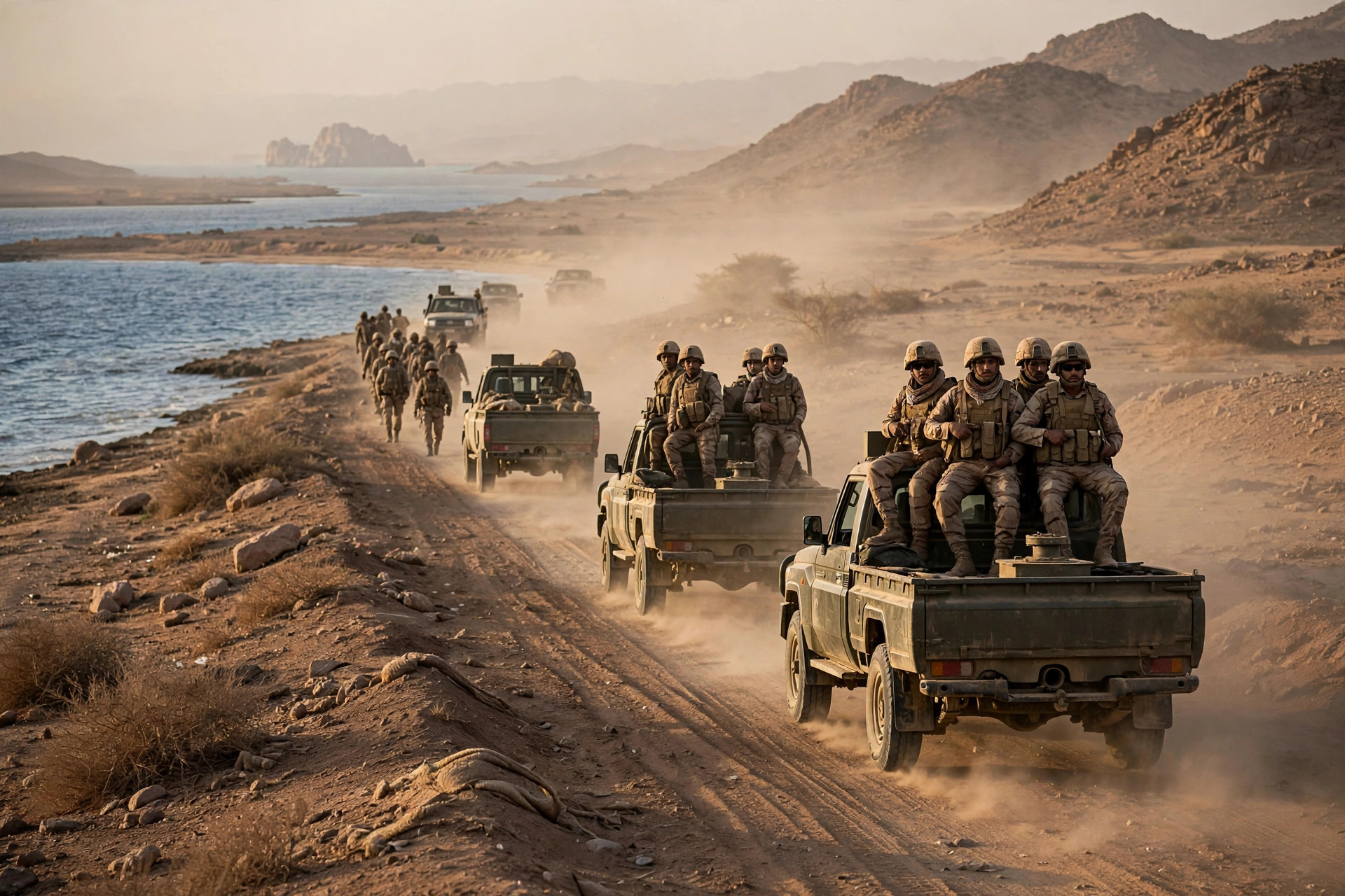 Yemeni government forces advancing along the coast near the Bab el-Mandeb Strait, Yemen