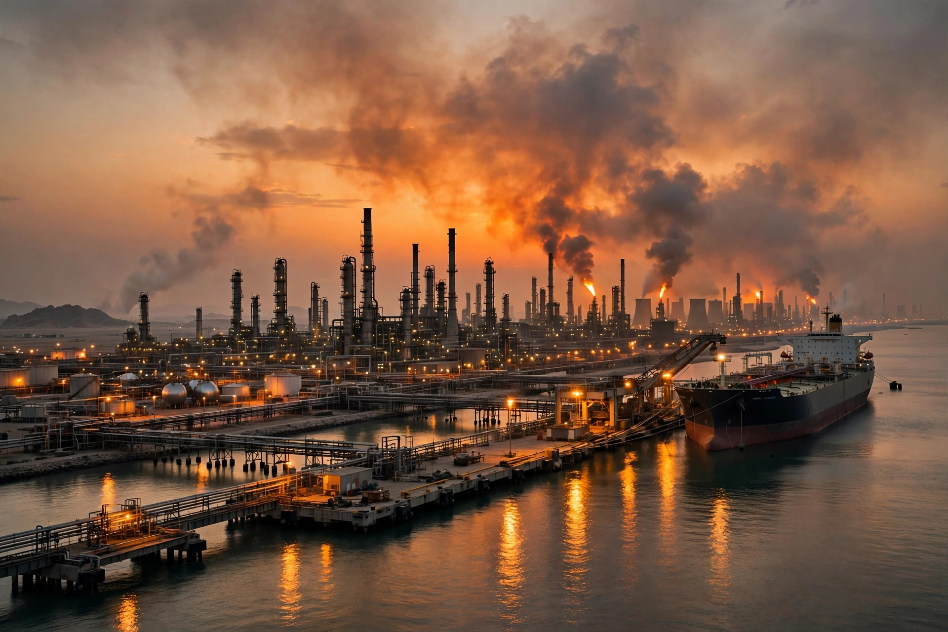 Oil refinery and supertanker at a Middle Eastern port at dusk as Brent crude prices hit a five-month high of $114