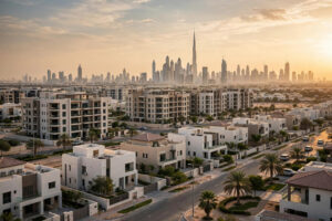 Dubai residential neighbourhood with apartment buildings and villas at golden hour