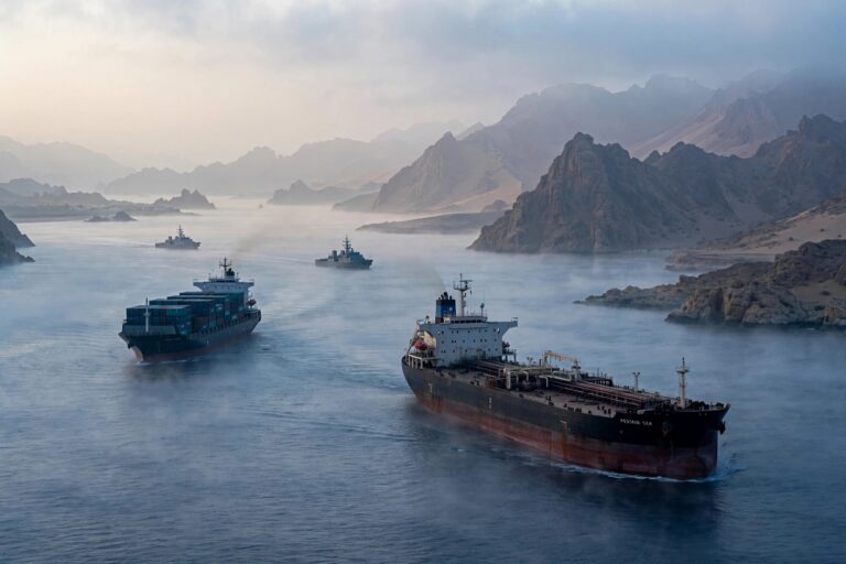 Cargo ships pass through the Bab el-Mandeb strait in the Red Sea at dawn