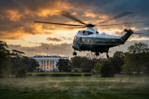 Marine One lifting off from the White House South Lawn at dusk — Donald Trump warned Iran would be hit 'very hard' if linked to the flydubai cockpit attack.