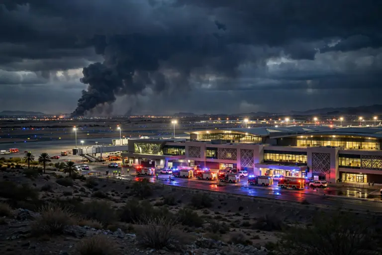 Emergency responders and smoke at a Saudi airport terminal at night following Houthi-claimed attacks on Abha and Riyadh airports