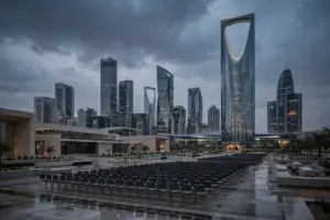 Riyadh's King Abdullah Financial District skyline at dusk with rows of empty conference seats in the foreground