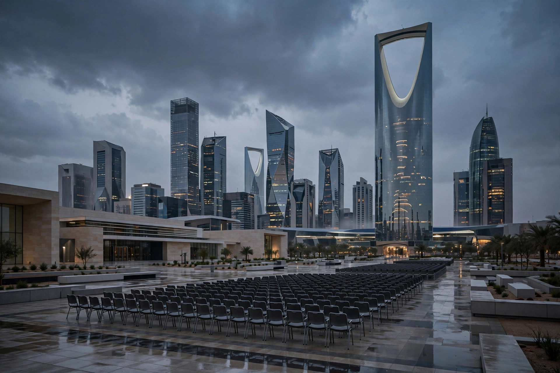 Riyadh's King Abdullah Financial District skyline at dusk with rows of empty conference seats in the foreground