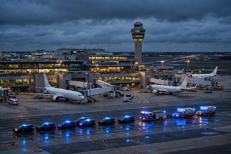 Ben Gurion Airport tarmac at dusk with police and emergency vehicles responding to the Flydubai FZ1073 security alert