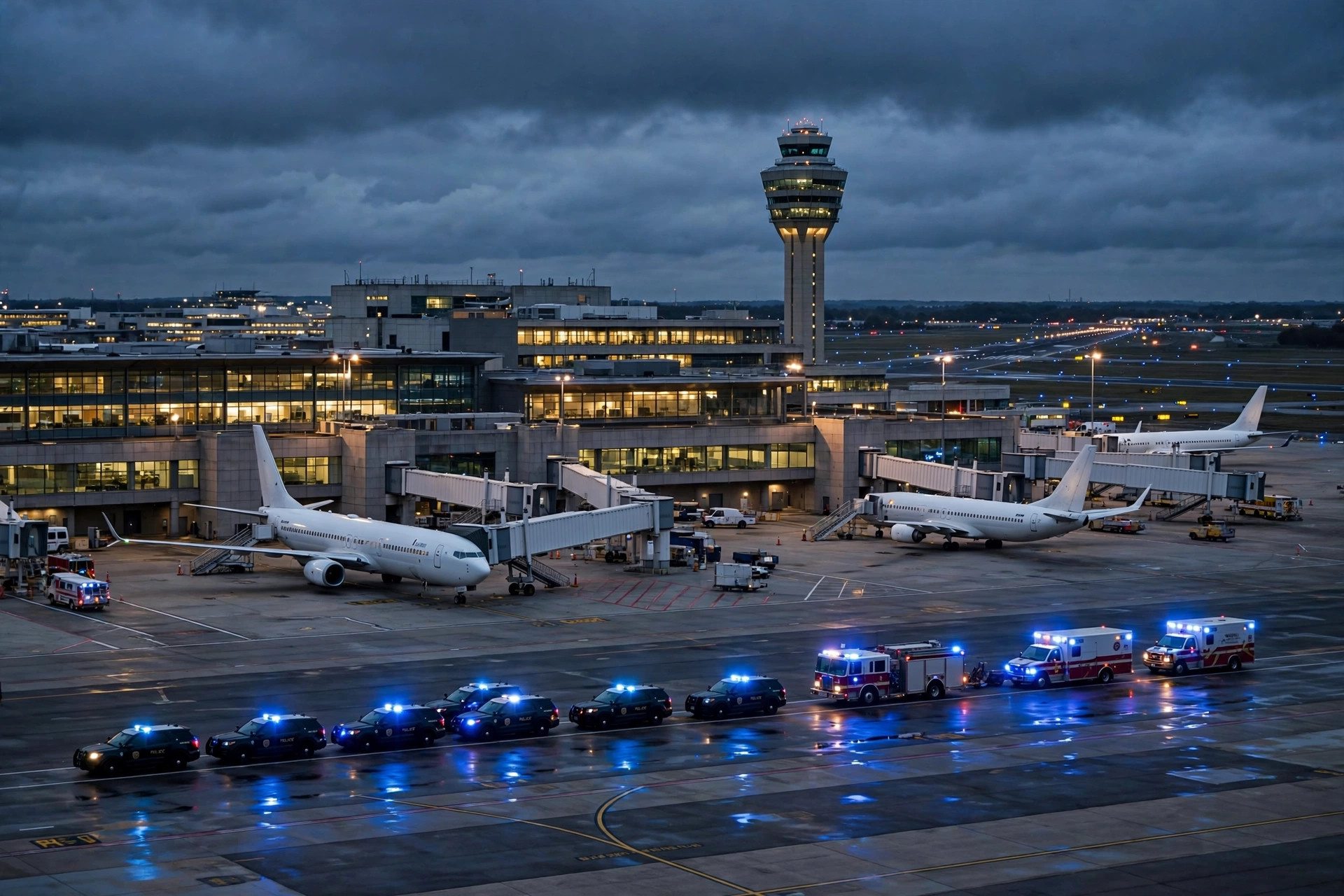 Ben Gurion Airport tarmac at dusk with police and emergency vehicles responding to the Flydubai FZ1073 security alert