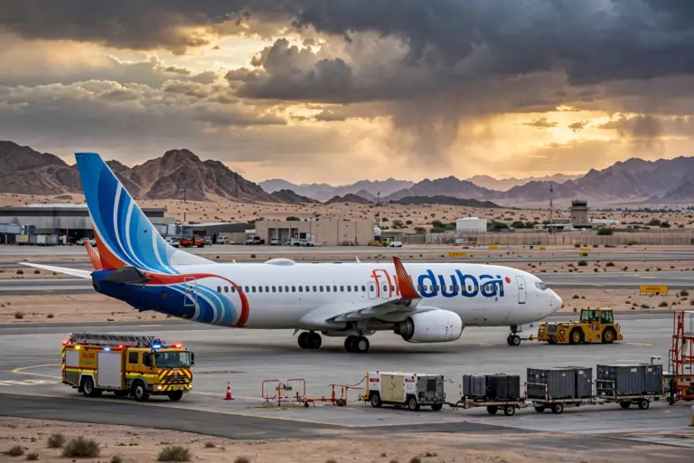 A flydubai passenger aircraft on the tarmac at Tabuk airport in Saudi Arabia after flight FZ1073's emergency diversion