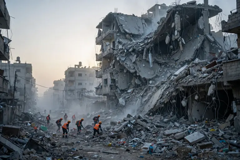 Damaged apartment building in Gaza City's Remal neighborhood after an overnight Israeli airstrike on October 3, 2026
