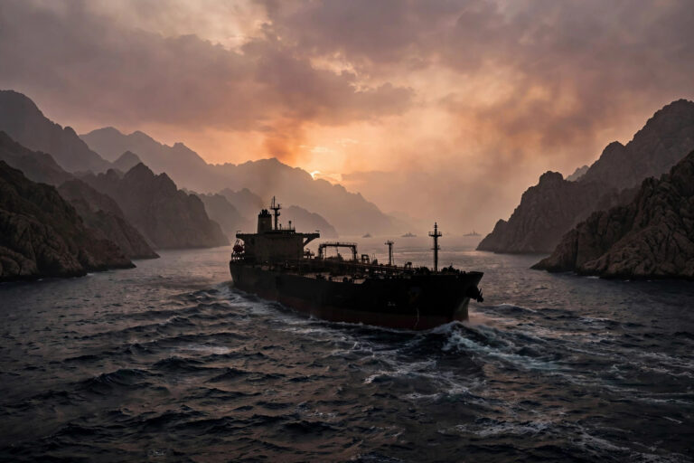 Oil tanker passing through the Strait of Hormuz between rocky coastal mountains at sunset