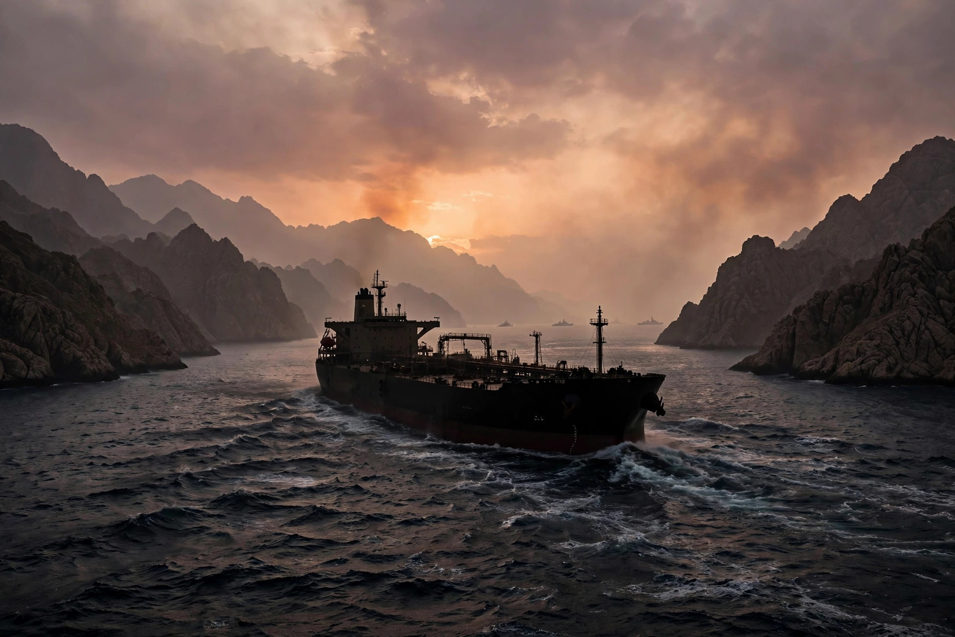 Oil tanker passing through the Strait of Hormuz between rocky coastal mountains at sunset