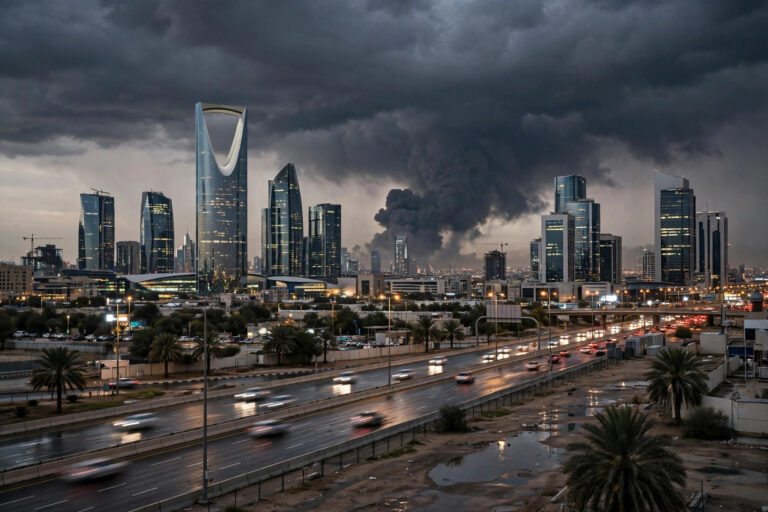 Riyadh skyline under dark skies amid Houthi airport strikes, October 2026