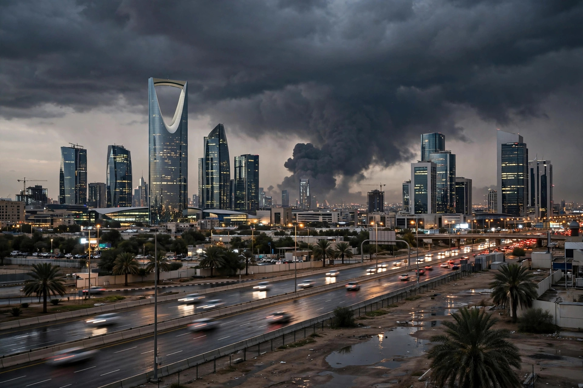Riyadh skyline under dark skies amid Houthi airport strikes, October 2026