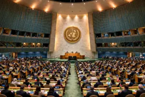 United Nations General Assembly hall during a session in New York; Lana Nusseibeh of the UAE is a candidate to succeed Antonio Guterres as UN secretary-general