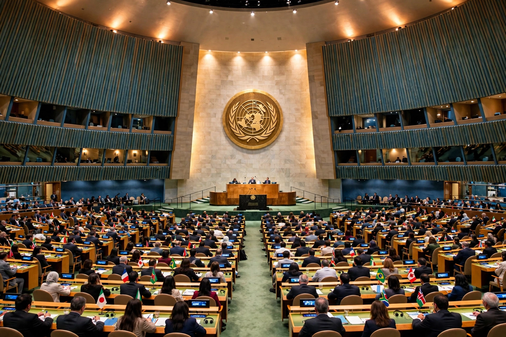 United Nations General Assembly hall during a session in New York; Lana Nusseibeh of the UAE is a candidate to succeed Antonio Guterres as UN secretary-general