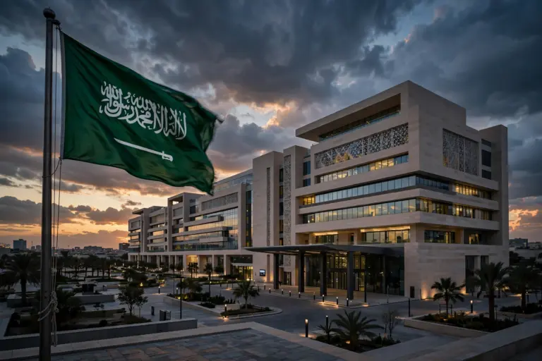 Saudi national flag flies beside a modern government office building in Riyadh at dusk