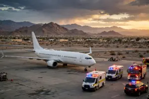 A commercial passenger aircraft parked on a desert airport tarmac at dusk with emergency vehicles nearby.