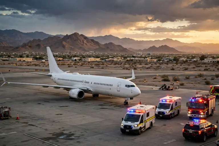 A commercial passenger aircraft parked on a desert airport tarmac at dusk with emergency vehicles nearby.