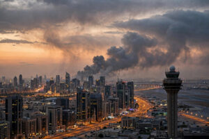 Dark smoke plumes rising over a Middle Eastern city skyline at dusk near an airport control tower during Saudi-Houthi strikes on October 2, 2026.
