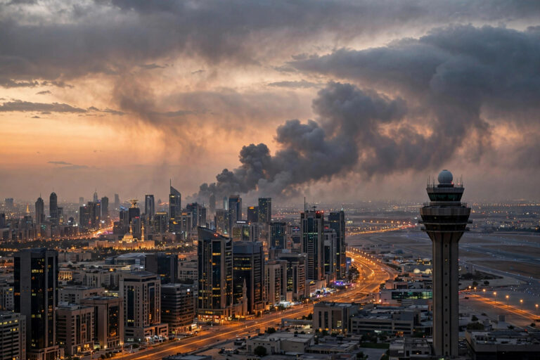 Dark smoke plumes rising over a Middle Eastern city skyline at dusk near an airport control tower during Saudi-Houthi strikes on October 2, 2026.