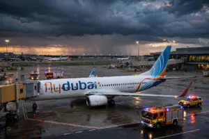 Flydubai Boeing 737 at airport gate with emergency vehicles at dusk